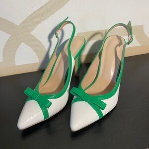 Women’s Green and White Slingback Heels with Bow - Size 39/8-8.5